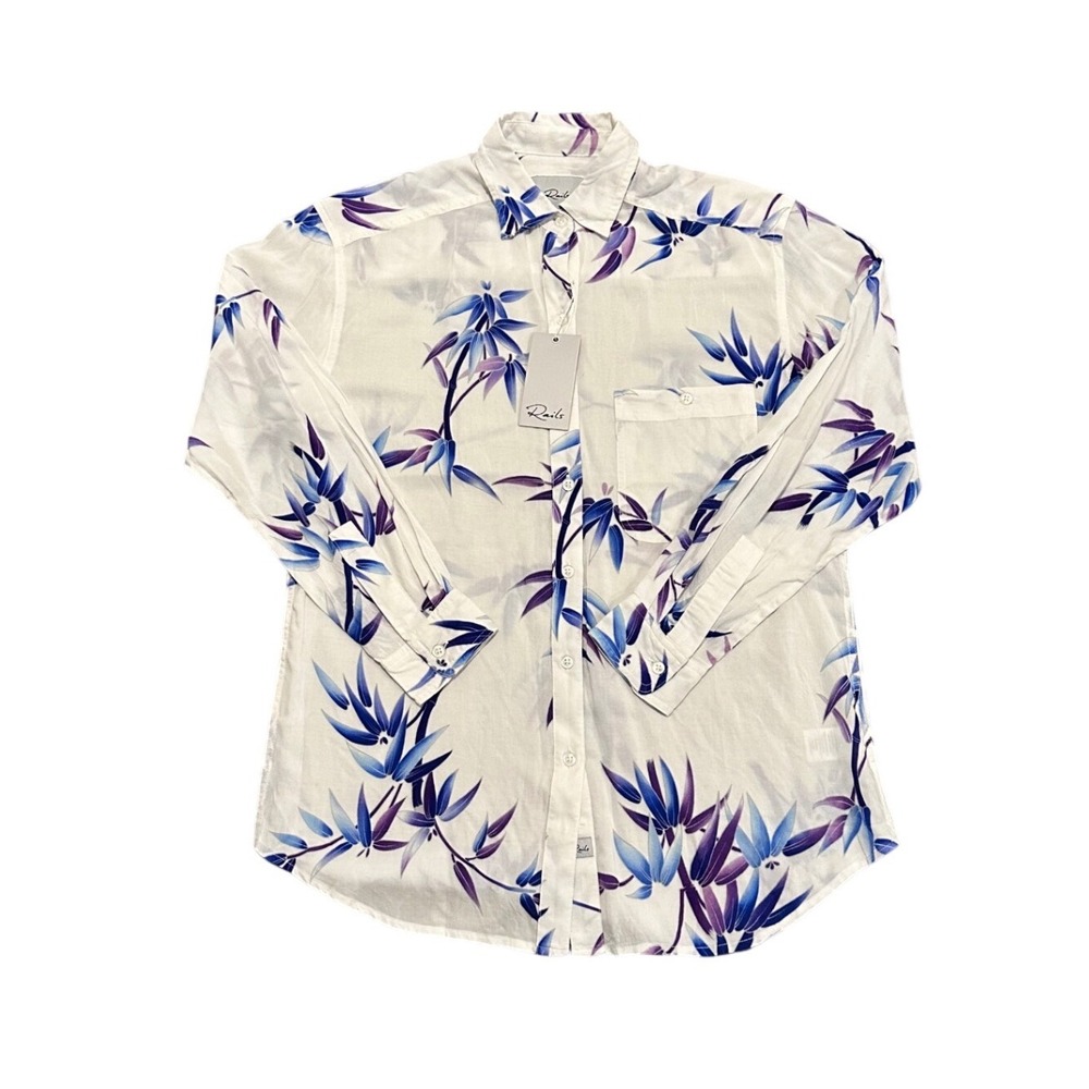 Rails Women XS White Blue Purple Bamboo Leaf Print Long Sleeve Button Down Shirt